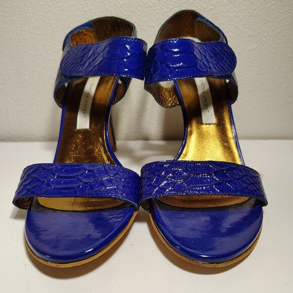 Cynthia Vincent Strappy Open Toe Heel Pumps Faux Reptile Skin Patent Leather - Picture 3 of 8